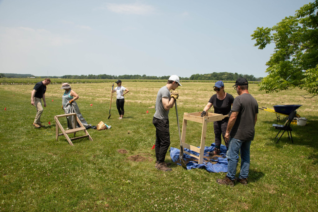 A group of people work to dig up dirt, and sift it.