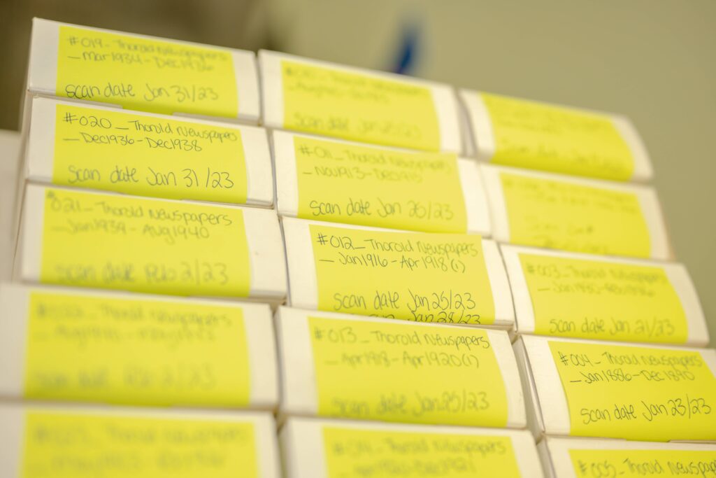 Boxes of archived materials from the 'Thorold Newspapers'