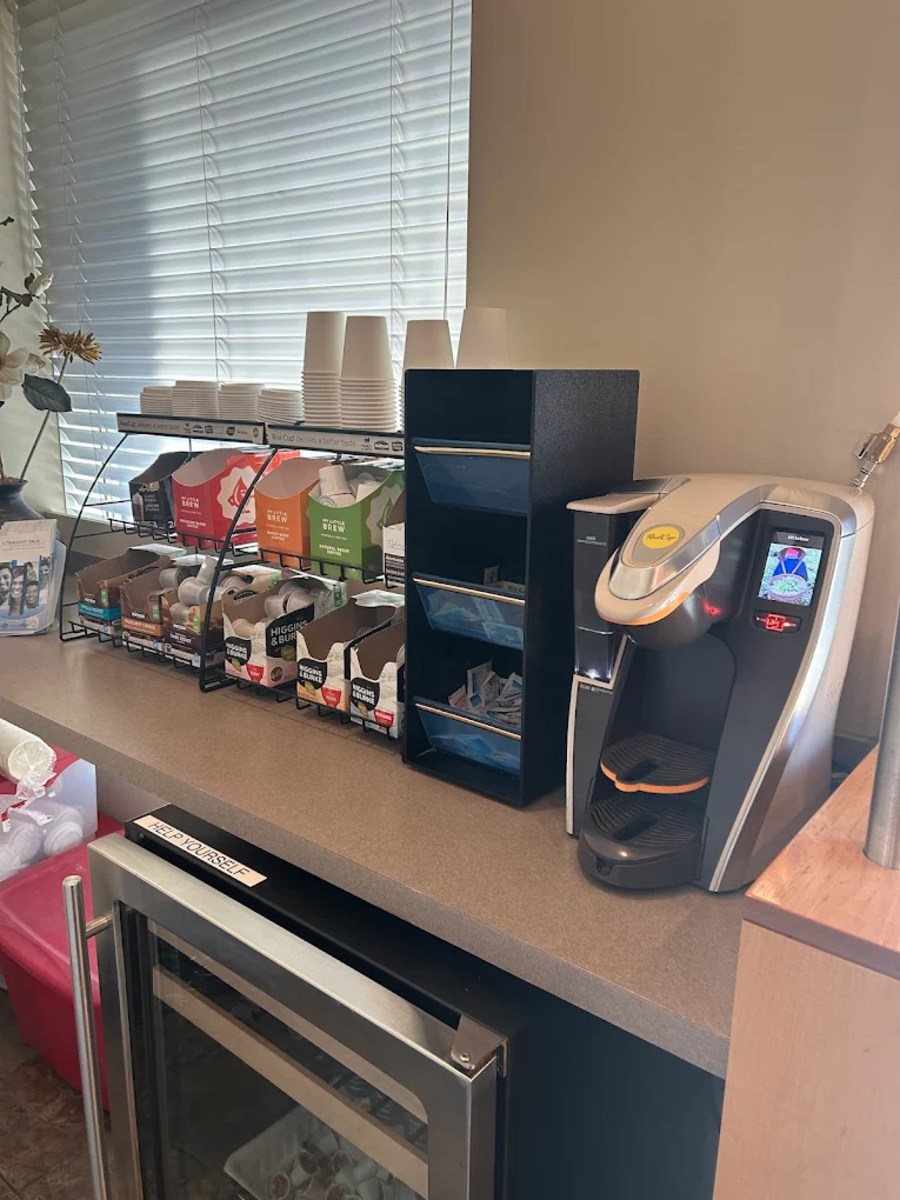 Coffee and tea station at Southgate Dental Centre.